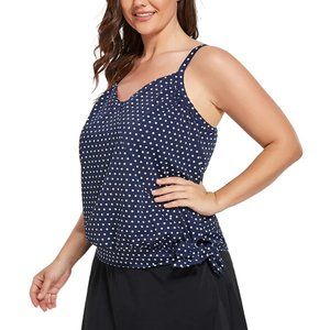 Fullfitall Navy Blue Dots Tie Tankini Top Only Plus Size 16 NWT